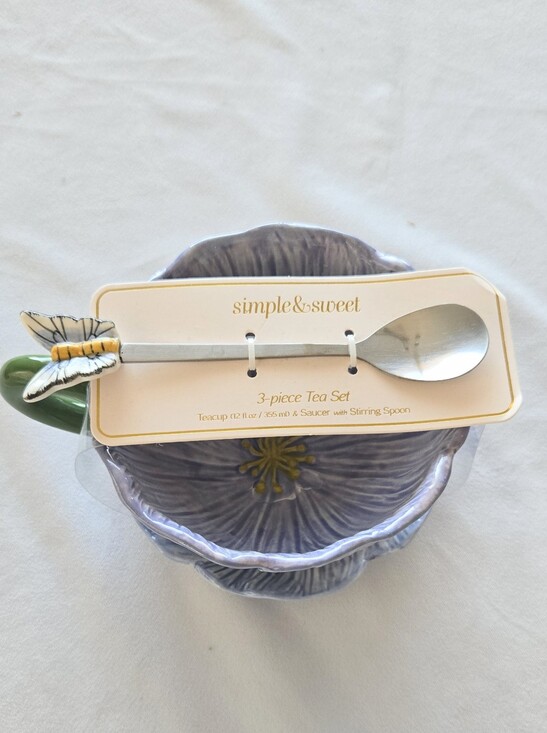 Other - SIMPLE & SWEET 3PC Tea Set Flower Teacup Dish And Butterfly Spoon